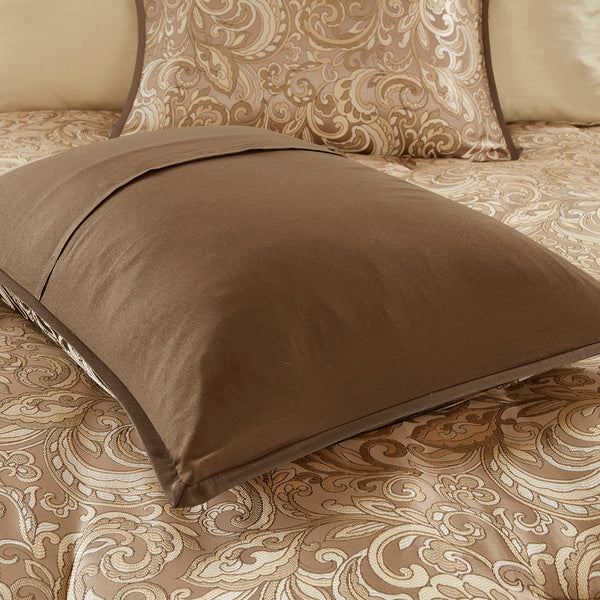 JLA Home Madison Park Essentials - 24 Piece Room in a Bag Luxe Jacquard Paisley Bedding Set in Brown Taupe Gold with Curtains Valances MPE10-786