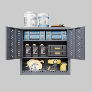 English Elm Metal Wall Mounted Cabinet Gray Powder Coated Floating Storage for Garage Workshop W396P305780