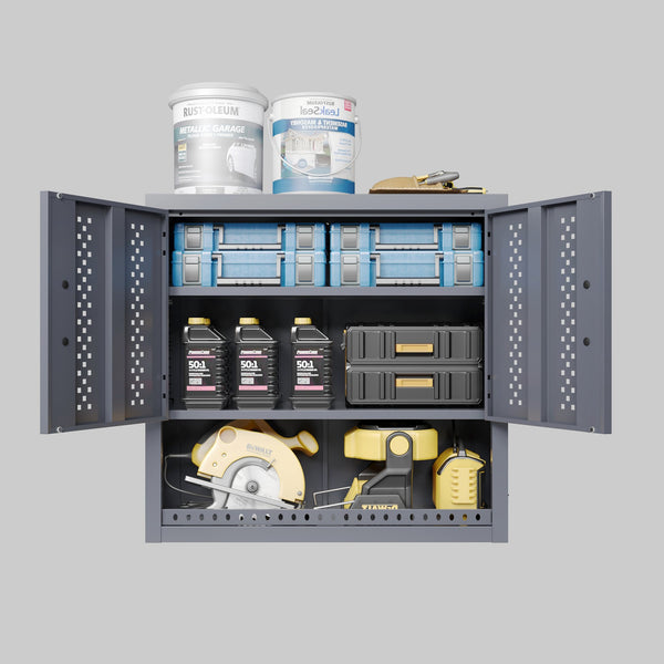 English Elm Metal Wall Mounted Cabinet Gray Powder Coated Floating Storage for Garage Workshop W396P305780