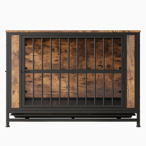 English Elm Dog Crate Furniture Table with Dual Sliding Doors Rustic Wood Mdf Pet House W840P203068