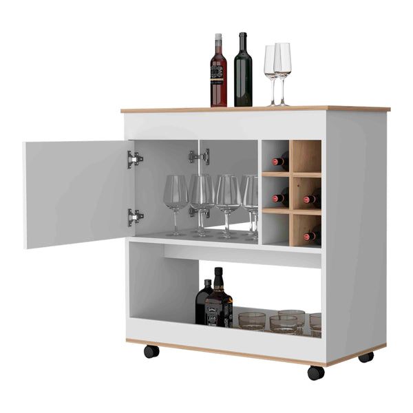 English Elm Seattle Tall Bar Cabinet with Eight Bottle Cubbies Open Shelving and Enclosed Storage B128P322513
