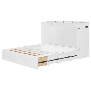 English Elm Queen Murphy Wall Bed with Drawers Usb Charging Ports Pulley Lift Mdf Cabinet White LP100671AAK-1
