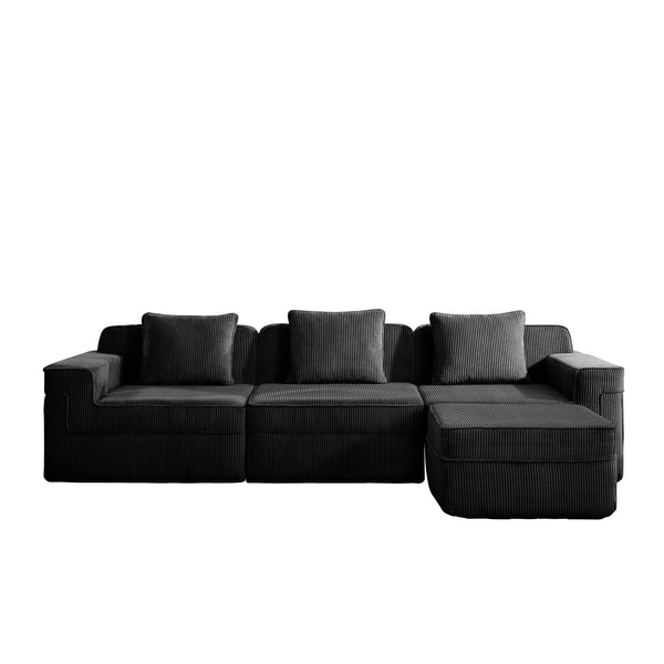 English Elm Modular 3-Seat L-Shape Sectional Couch - Plush Black Corduroy Sofa With Removable Pillows & Ottoman W3041S00325