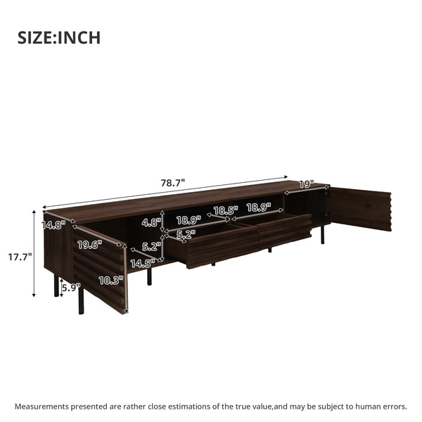 English Elm 78 Inch Walnut Media Console with Slatted Doors Iron Legs and Cable Management N710P373591Q