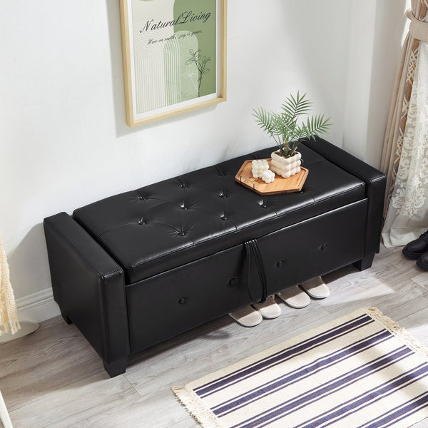 English Elm 48" Storage Ottoman Bench with Tufted Faux Leather Upholstery, Solid Wood Frame & 300lb Capacity Black W1097P338776