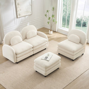 English Elm Teddy Fleece Modular Cloud Sofa Plush Curved Sectional with Ottoman for Living Room Beige White W5656S00082