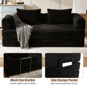 English Elm 78 Inch Corduroy Convertible Sofa Sleeper Futon with Foldable Armrests for Studio Rooms Black W5385P455023