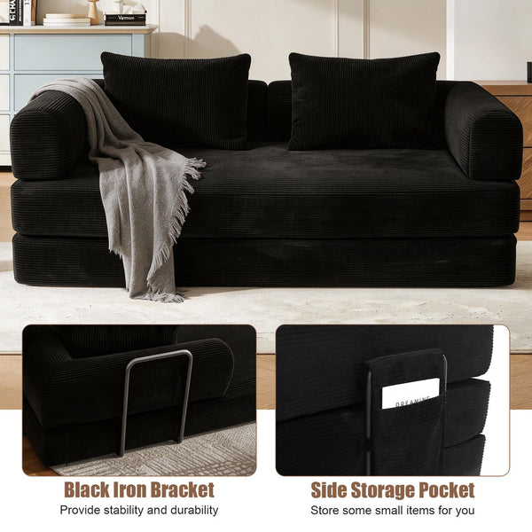 English Elm 78 Inch Corduroy Convertible Sofa Sleeper Futon with Foldable Armrests for Studio Rooms Black W5385P455023