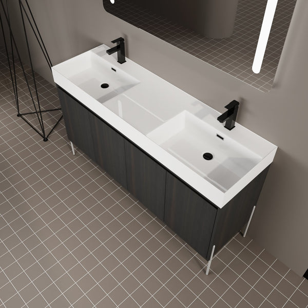 English Elm 60" Freestanding Bathroom Vanity with Dual Resin Sinks, Spacious Soft-Close Cabinet Storage, Durable Finish Dark Oak W1972S00016
