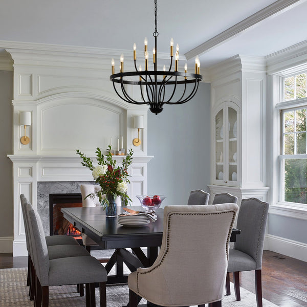 English Elm 15-light Industrial Farmhouse Chandelier Matte Black Iron Gold Candelabra Dining Foyer W5008P479818