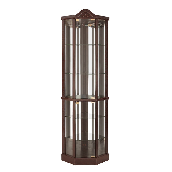 English Elm Lighted Corner Curio Cabinet With Adjustable Shelves, Carved Cherry Finish, Ideal For Home Display W1758P300127