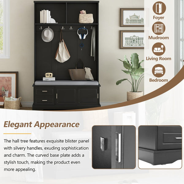 English Elm On-Trend Stylish Hall Tree With Sliding Doors, 6 Hooks, Cushion Bench & Smart Storage For Entryways N721P205787B-GIGA