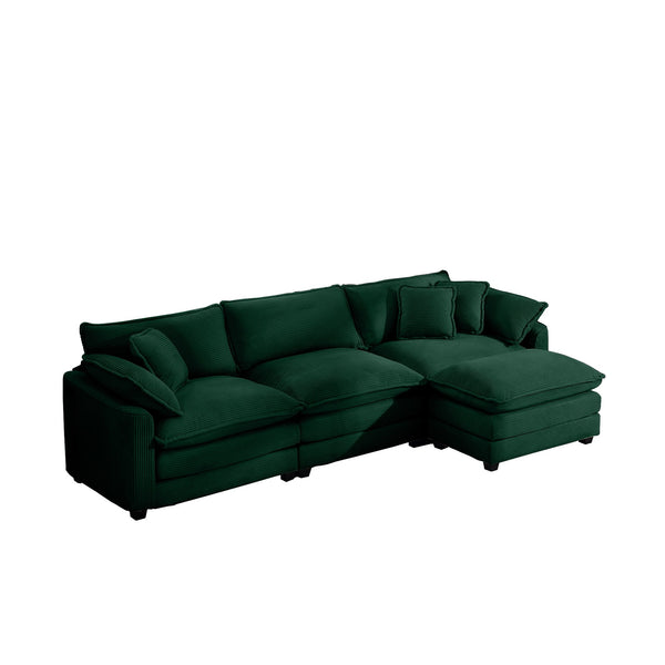 English Elm Corduroy L-Shaped 3-Seater Sofa With Ottoman – Stylish Green Comfort For Small Living Rooms W714S00817