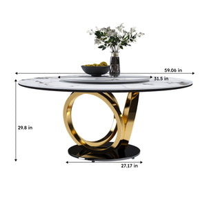 English Elm 59" Round Dining Table With 360° Lazy Susan - Stylish Sintered Stone Top, Heat/Scratch Resistant Finish W2699S00026