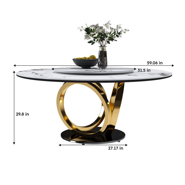English Elm 59" Round Dining Table With 360° Lazy Susan - Stylish Sintered Stone Top, Heat/Scratch Resistant Finish W2699S00026
