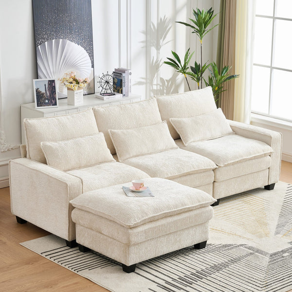 English Elm 99'' Sectional Cloud Deep Seat Couch - Plush Chenille 4-Seat L-Shaped Sofa with Movable Ottoman, Stain-Resistant Comfort and Ergonomic Lumbar Support Beige W3373S00023
