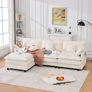 English Elm 101.9-inch Chenille Modular Sofa with Movable Footstool for Living Room Comfort Beige W288S00031