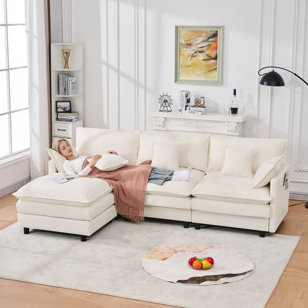 English Elm 101.9-inch Chenille Modular Sofa with Movable Footstool for Living Room Comfort Beige W288S00031