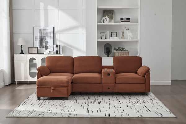 English Elm United Corduroy L-Shaped 4-Seater Sofa With Usb, Cup Holders & Storage Ottoman - Perfect For Apartments! W1568S00225-GIGA