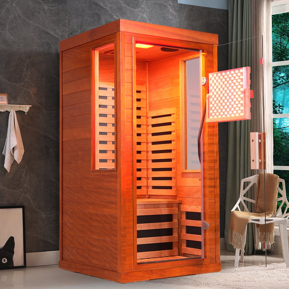 English Elm Infrared Sauna with Red Light Therapy Okoume Wood Spa Cabin for Home Wellness W3973S00011