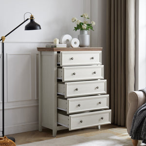 English Elm Modern 5-Drawer Dresser Tall Chest with Smooth-Glide Drawers, Metal Handles, Stable Feet, Beige Finish W2275P233488