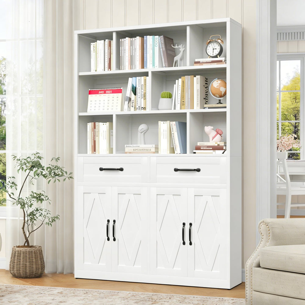 English Elm 71" Tall Metal Bookcase with Open Shelves Drawers and Cabinet Doors for Modern Office T2398S00002