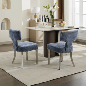 English Elm Mid Mid Century Modern Dining Chair Set with Curved Copper-Nail Backrest, High-Density Foam Seat, Brushed Stainless Legs Blue W1143P314901