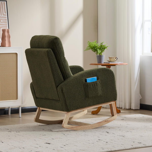 English Elm Modern Upholstered Glider Rocker with Teddy Fabric High Back and Rubberwood Base Green W3723P409071