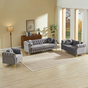 English Elm Velvet Chesterfield Tufted Sofa with Copper Stud Trim and Gold Legs for Glam Living Grey W834S00630