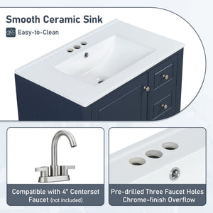English Elm Christopher Knight Home® - 30" Freestanding Bathroom Vanity with Ceramic Sink, Soft-Close Door, Gold Knobs & 3 Drawers, Durable Painted Finish Blue N759P225994C