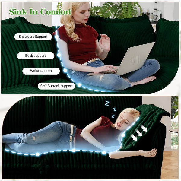 English Elm L-Shaped Slipcovered Sectional Sofa - Cloud Comfort With Convertible Ottoman, Green Corduroy & 2 Pillows W3041S00082