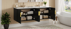English Elm 60" Vintage Bathroom Vanity with Ceramic Sink Wall-Mount Modern Striped Design Durable MDF Wood Finish Black N710SS00010B