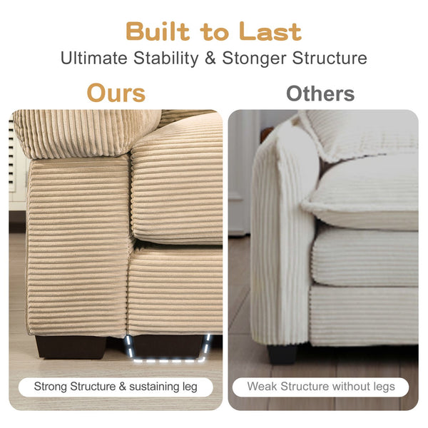 English Elm 130" Oversized Modular L-Shaped Sectional Couch In Cozy Camel Corduroy With Ottoman & 9 Pillows W714S01308