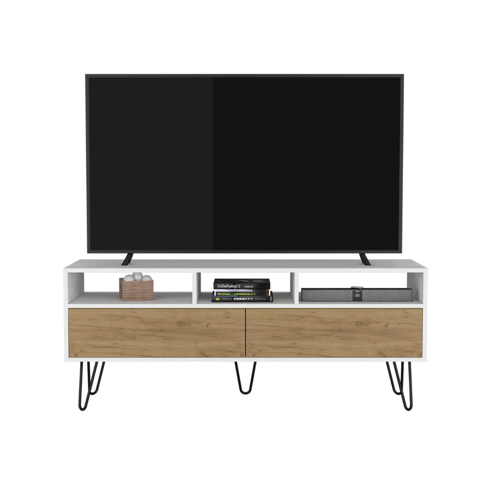 English Elm Tv Stand - Modern White Design With 3 Open Shelves, 2 Drop-Down Doors & 5 Sleek Metal Legs B097P296856-GIGA