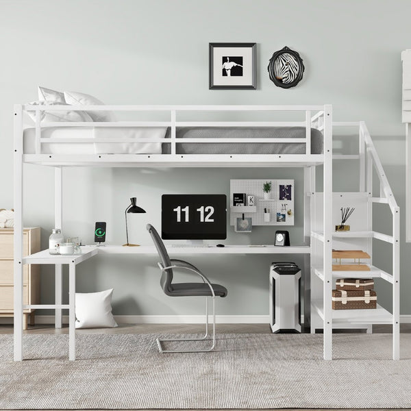 English Elm Queen Size Loft Bed With L-Shaped Desk, Usb Port & Led Lights - Stylish Space-Saving Solution For All W1580S00124-GIGA