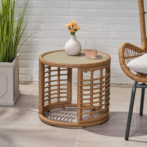 English Elm Christopher Knight Home® - TATIANA Side Table Rattan Accent with Sleek Round Profile, Durable Woven Texture, Compact Design Light Brown 66027.00LBRN