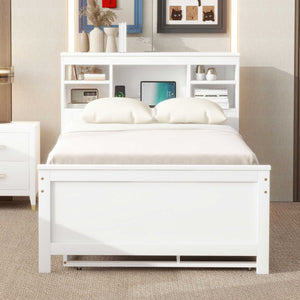 English Elm Twin Platform Bed with Storage Headboard, Pull-Out Trundle & 3 Drawers, USB Ports, Solid Wood Durability White GX000715AAK
