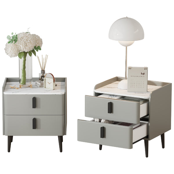 English Elm Nightstands with Marble-Pattern Top and Raised Guard, 2-Drawer Modern Bedside Tables for Storage Elegance Gray 23.4 L x 18.5 W x 9.06 H N733S332142E