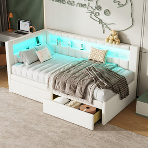 English Elm Upholstered Twin Platform Bed with USB Ports, LED Light Belt, Linen Backrest & 2 Storage Drawers White DL001926AAK