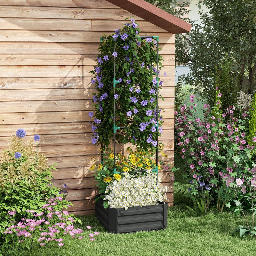 English Elm Outsunny Galvanized Raised Garden Bed With Trellis, Perfect For Climbing Plants & Urban Gardening! W2225P174441-GIGA