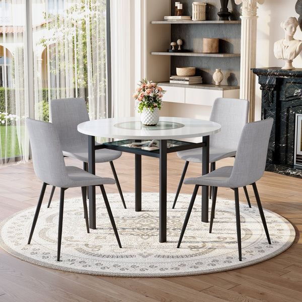 English Elm Table and Chair Set 42 Inch Round Wood Grain Dining with 4 Linen Cushioned Seats Light Gray,White+Black W1151S04506
