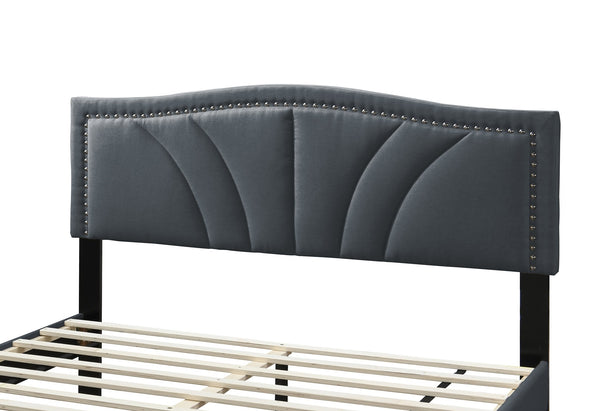 English Elm Modern Burlap Upholstered Platform Bed Nailhead Trim Sloped Headboard Charcoal B011P418594