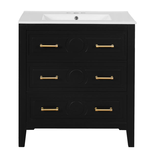 English Elm 60'' Elegant Black Bathroom Vanity Set With Ceramic Sink, 6 Drawers, Solid Wood Frame & Storage N710SS00003B