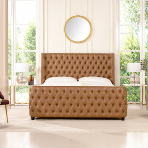 English Elm Jennifer Taylor Home - Brooklyn King Tufted Panel Bed Set - Luxurious Caramel Tan Faux Leather With Wingback Design B2719P238200