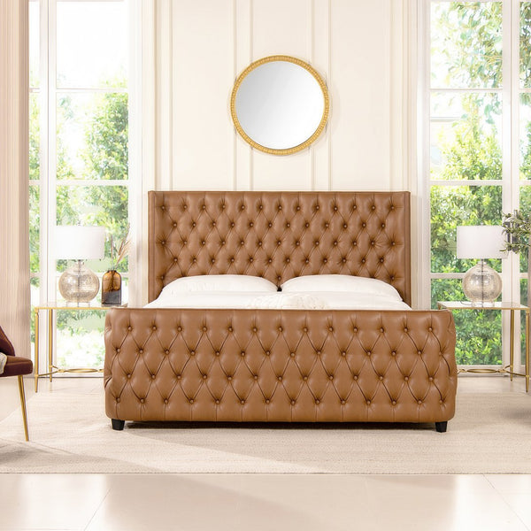 English Elm Jennifer Taylor Home - Brooklyn King Tufted Panel Bed Set - Luxurious Caramel Tan Faux Leather With Wingback Design B2719P238200