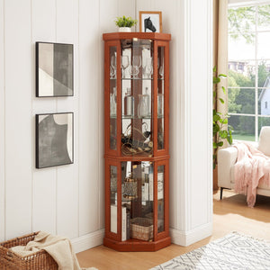 English Elm Corner Lighted Curio Cabinet Dark Oak Finish with Mirrored Back and Glass Shelves W2275P296058