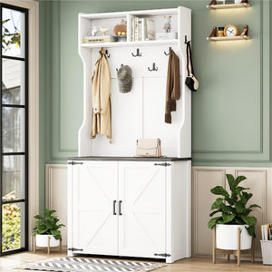 English Elm On-Trend Farmhouse 4-In-1 Hall Tree With Movable Bench, 7 Hooks, Shoe Storage & Barn Doors, White N721P205788K-GIGA
