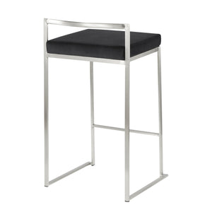 English Elm Fuji Contemporary Stackable Counter Stools - Sleek Stainless Steel & Plush Black Velvet Cushion Pair B202P221930