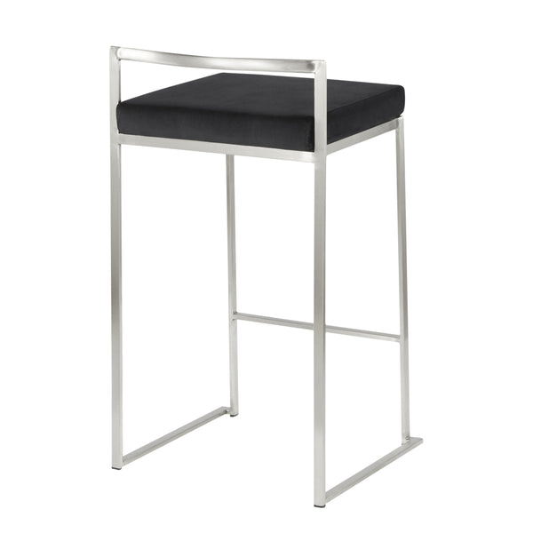 English Elm Fuji Contemporary Stackable Counter Stools - Sleek Stainless Steel & Plush Black Velvet Cushion Pair B202P221930
