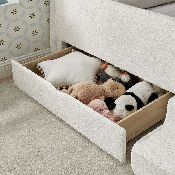 English Elm Twin Boucle Upholstered Kids Bed with Guardrails Built in Storage and Cushioned Step Stool Beige W1413P433364